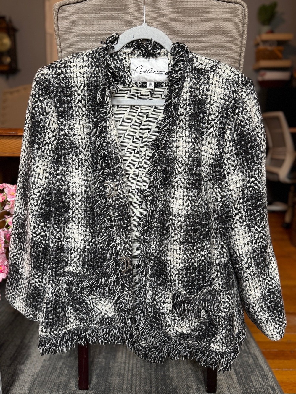 Carol Anderson by Inspiration Black & White Checkered Fringe Jacket Size 16